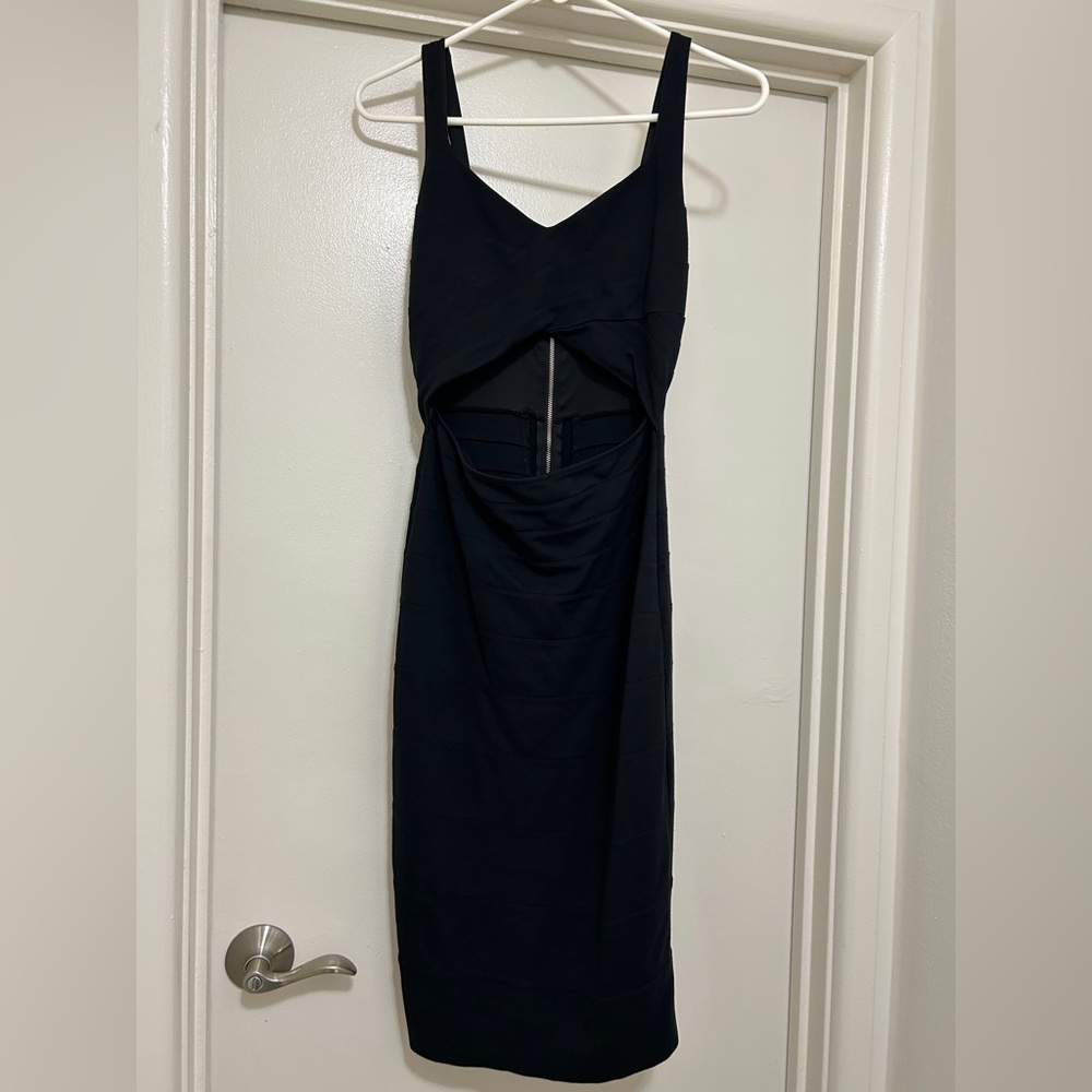 Express Black Bodycon Cocktail Strapless Midi Dress with Cutouts